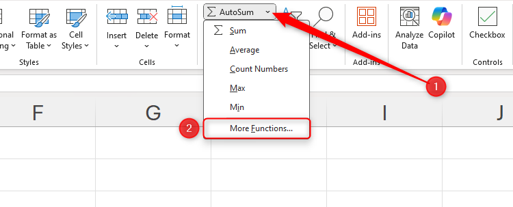 The AutoSum drop-down menu in Excel is expanded, and the More Functions option is selected.