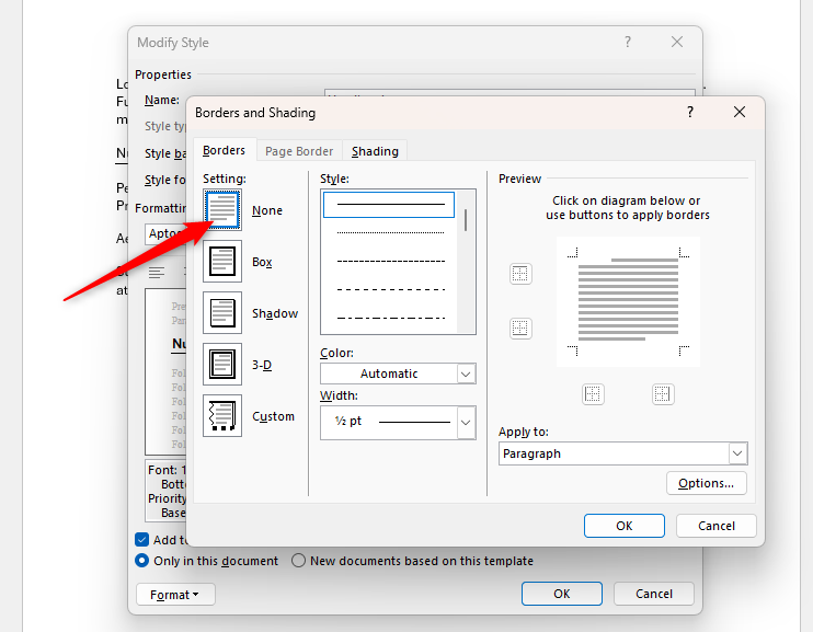 The Borders And Shading dialog box in Microsoft Word, with None selected.