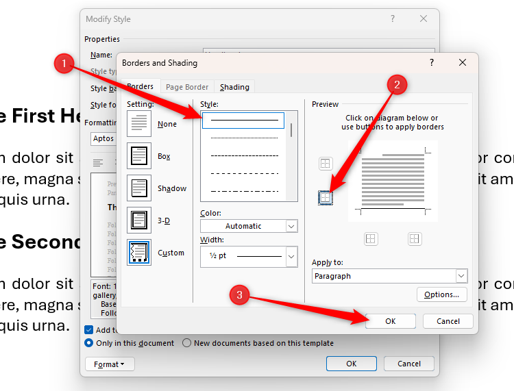 The Borders And Shading dialog box in Microsoft Word, with the border style selected, the bottom border activated, and the OK button highlighted.