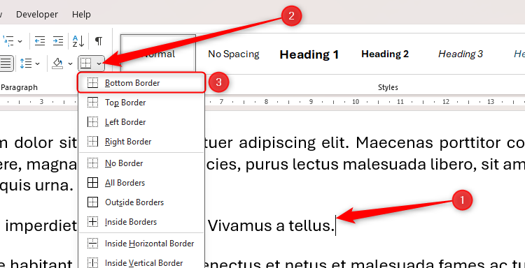 The Bottom Border option in the Borders drop-down menu in Microsoft Word.