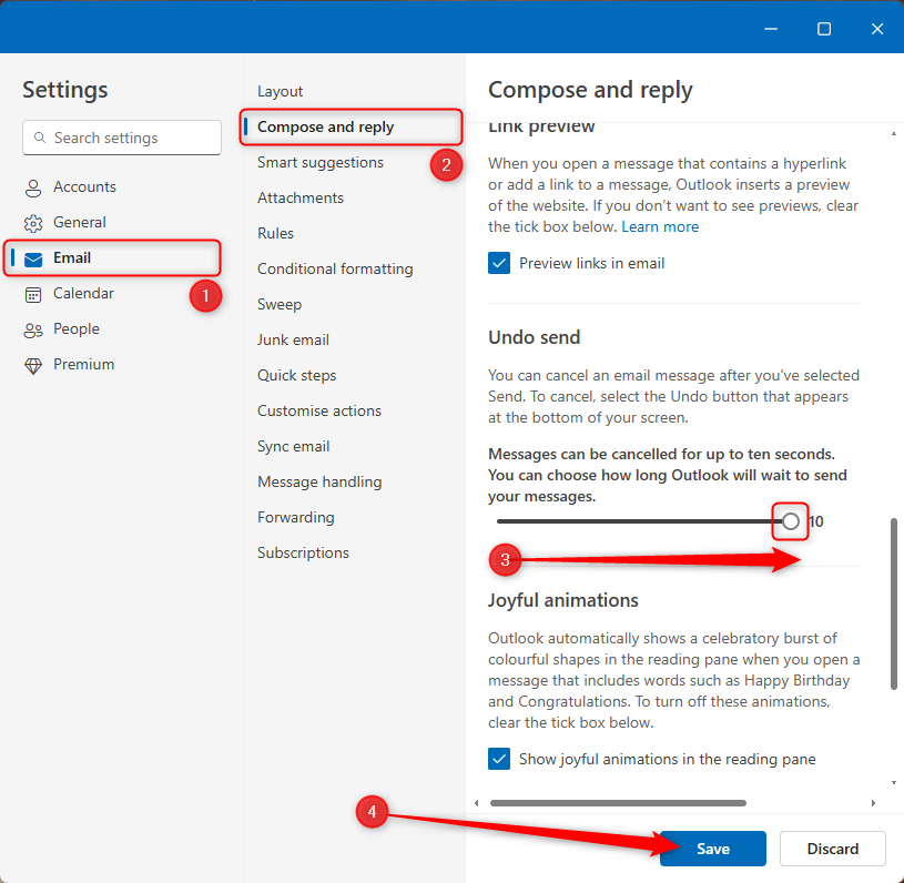 The Compose And Reply menu in new Outlook's settings, with the Undo Send slider moved to the right.