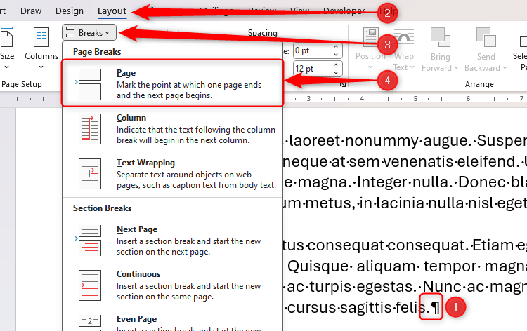 The cursor is placed at the end of a paragraph in Microsoft Word, and the Page Break option is selected in the Breaks drop-down menu.