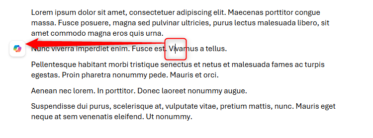 The cursor is placed in the middle of a paragraph in Word for the web, and the Copilot icon appears in the left margin next to the active line.