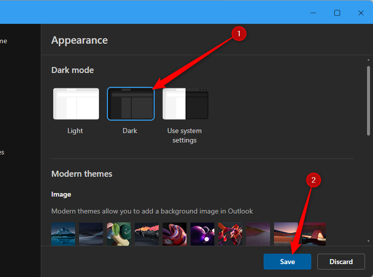 The Dark mode appearance is selected in the new Outlook Settings window.