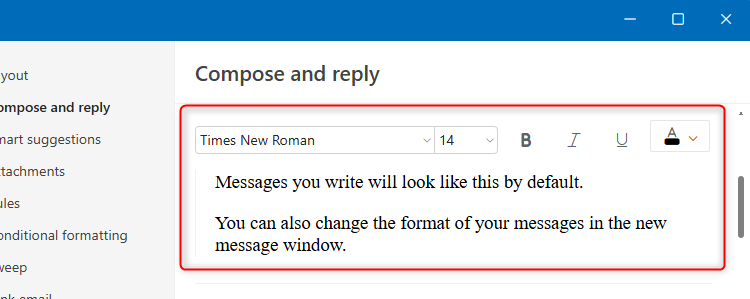 The default font settings in the Compose And Reply section of the new Outlook Settings dialog box.