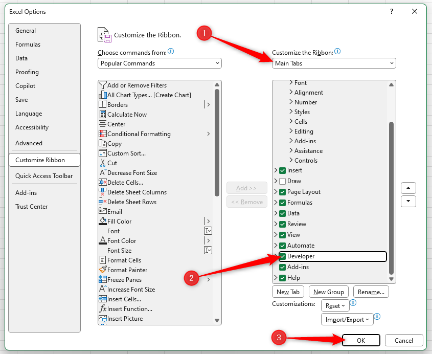 The Developer tab is checked in the Excel Options window, and the OK button is selected.