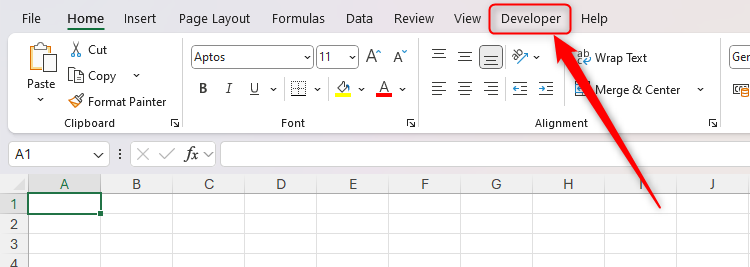 The Developer tab on the ribbon in Excel is selected.