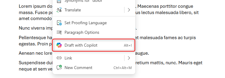 The Draft With Copilot option in the Word for the web right-click menu.