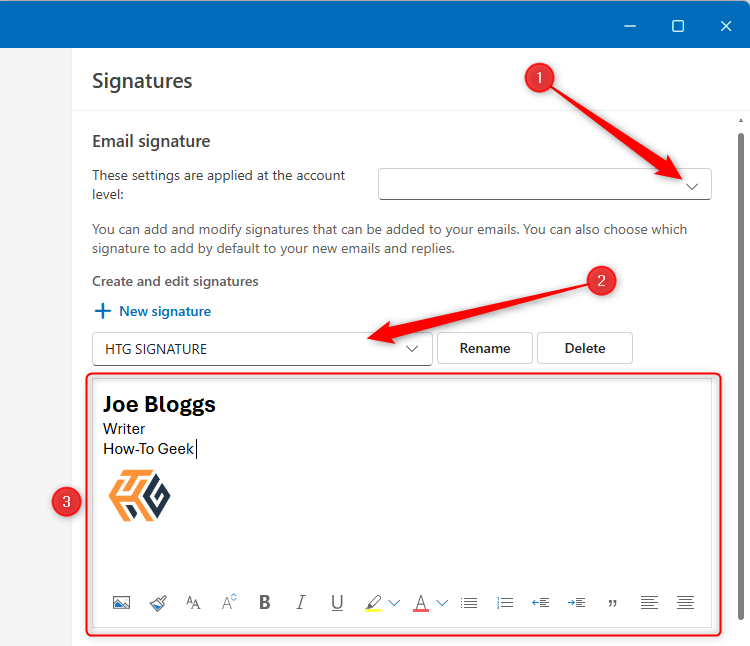 The Email Signatures window in the new Outlook, with the account drop-down selected, the signature named, and a sample signature designed in the text field.