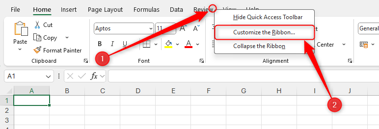 The Excel ribbon right-click menu is opened, and Customize The Ribbon is selected.