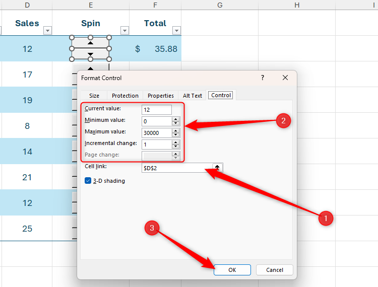 The Format Control dialog box associated to a spin button in Excel, with each of the fields filled in according to user requirements.