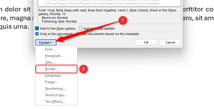 The Format drop-down menu in Word's Modify Style dialog box is expanded, and the Border option is selected.