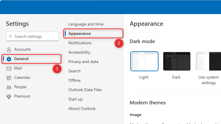 The General settings menu in the new Outlook's Sertings dialog box, with Appearance selected in the second menu.