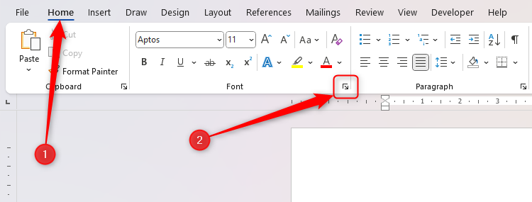 The Home tab on the ribbon in Microsoft Word is opened, and the Font dialog box launcher icon is highlighted.