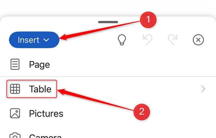 The Insert menu in the Microsoft Word mobile app is opened, and the Table option is selected.