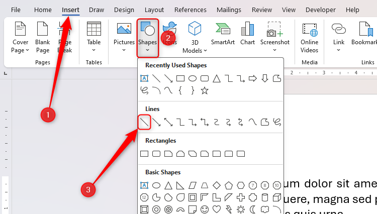 The Line option in the Shapes drop-down menu in Microsoft Word's Insert tab.