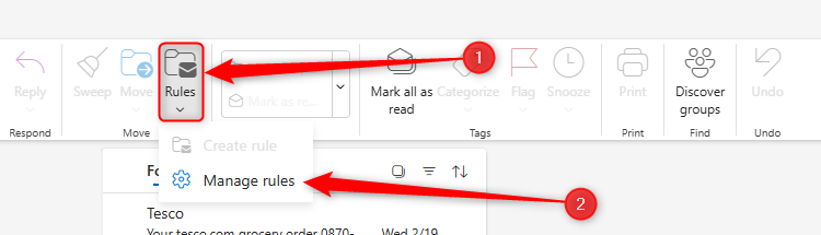 The Manage Rules option in the Rules drop-down menu in the new Outlook.