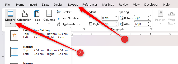 The Margins menu in Word's Layout tab is expanded.