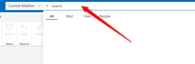 The new Outlook search bar, with the advanced search options activated.