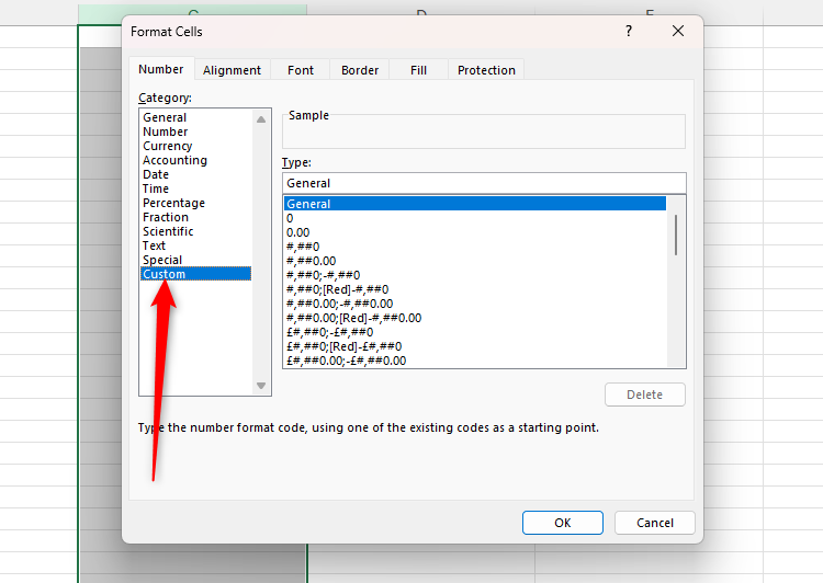 The Number tab of the Format Cells dialog box, with Custom selected in the left-hand menu.