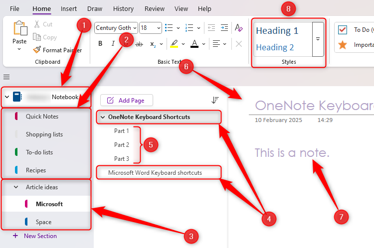 The OneNote interface with eight elements highlighted and numbered.