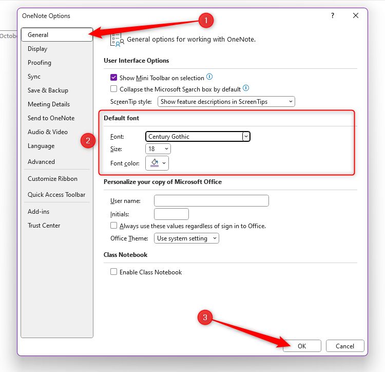 The OneNote Options dialog box, with the General tab opened, the Default Font section highlighted, and the OK button selected.