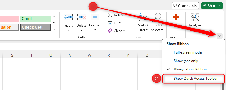 The option to show the Quick Access Toolbar in Excel is selected via the down arrow positioned on the right of the Excel ribbon.