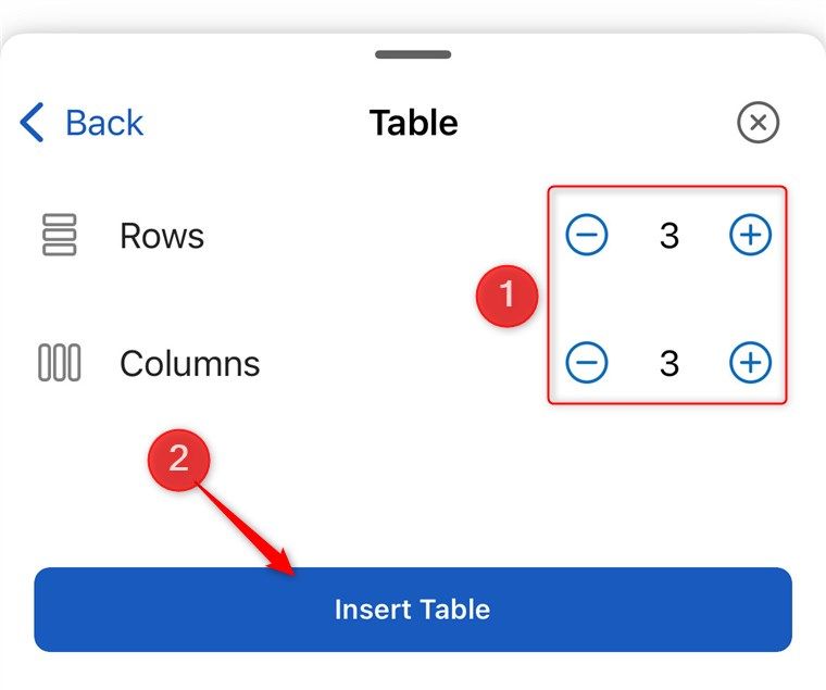 The options in the Microsoft Word mobile app to change the numbers of rows and columns in a table are highlighted, and Insert Table is selected.