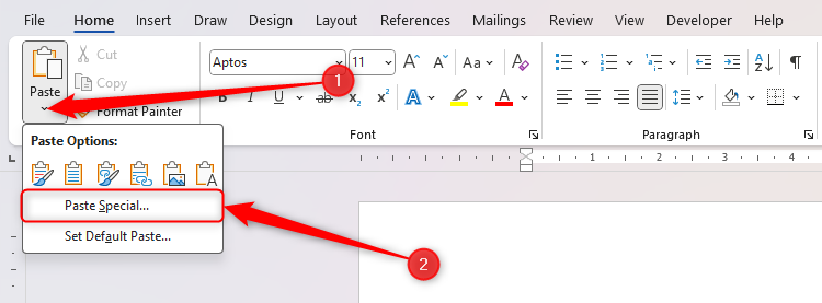 The Paste Special button in the Paste drop-down menu of Microsoft Word.