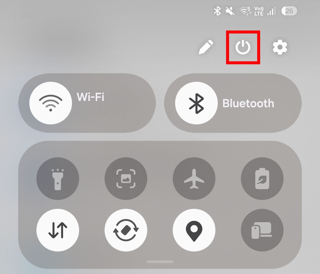 The power button in the S25 quick settings panel.