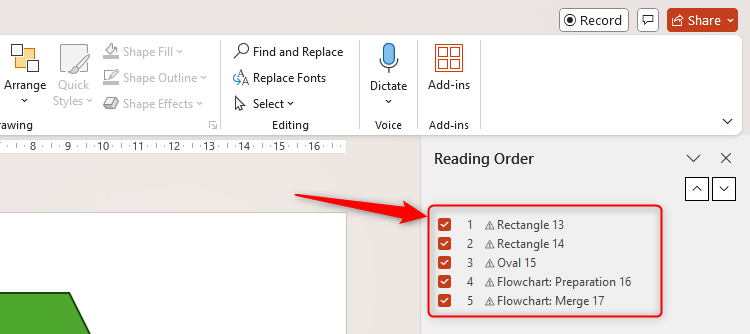 The Reading Order Pane in PowerPoint showing various items with generic names.