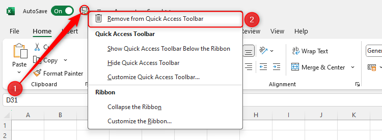 The Remove From Quick Access Toolbar button for the Save icon is selected in Excel.