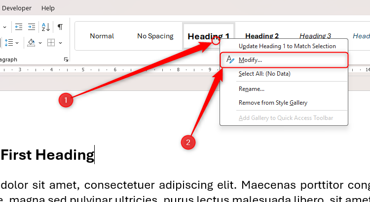 The right-click menu on Heading 1 in Word's Style Gallery is activated, and Modify is selected in this menu.