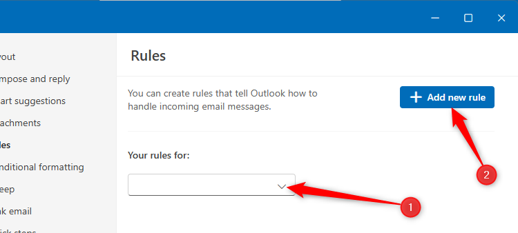 The Rules section of the new Outlook Settings dialog box, with the account drop-down menu selected, and Add New Rule highlighted.