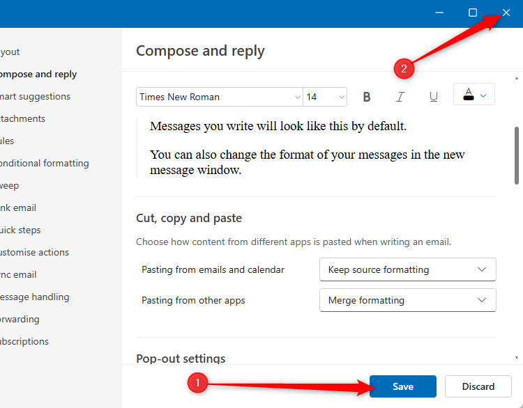 The Save button of the new Outlook Settings window, and the X in the corner where the window can be closed.