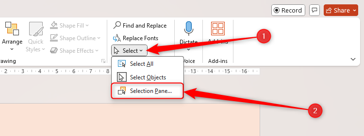 The Select drop-down menu in PowerPoint's Home tab is expanded, and the Selection Pane option is selected.