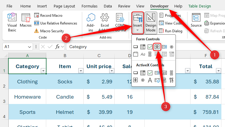 The Spin Button icon in the Insert drop-down menu of the Developer tab in Excel.