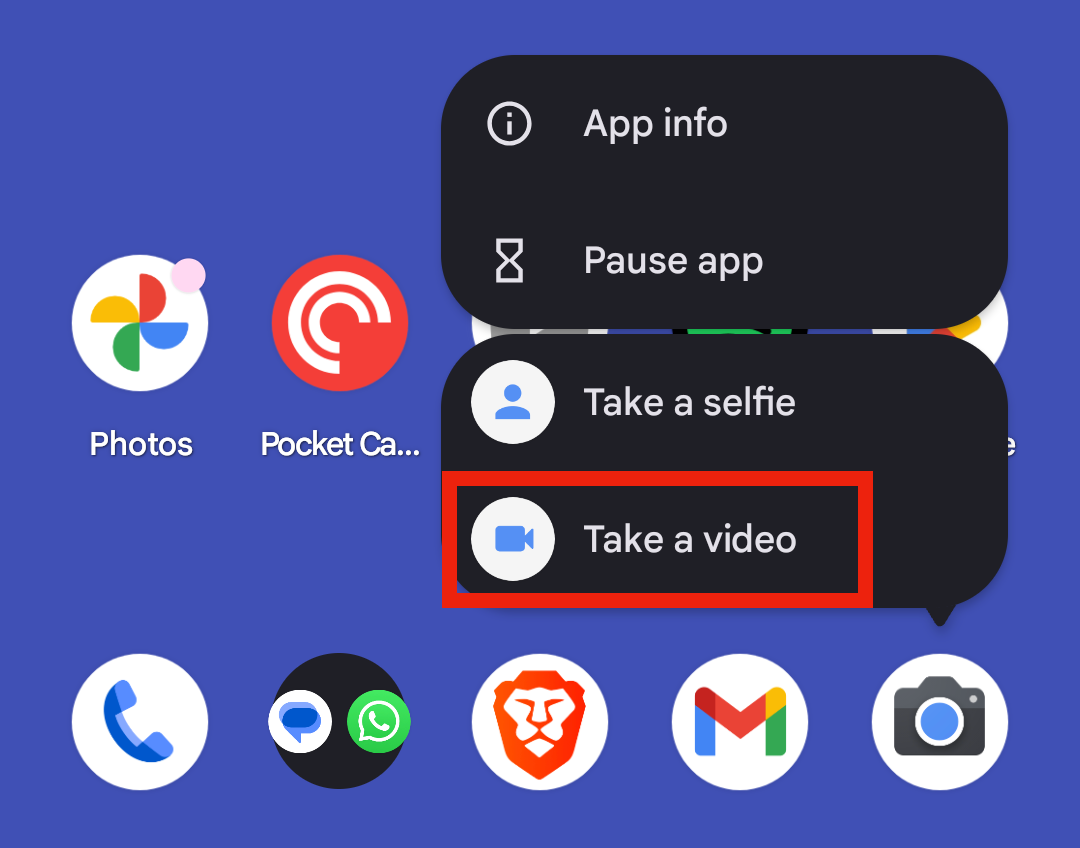 The Take a Video option from the Pixel Camera app.