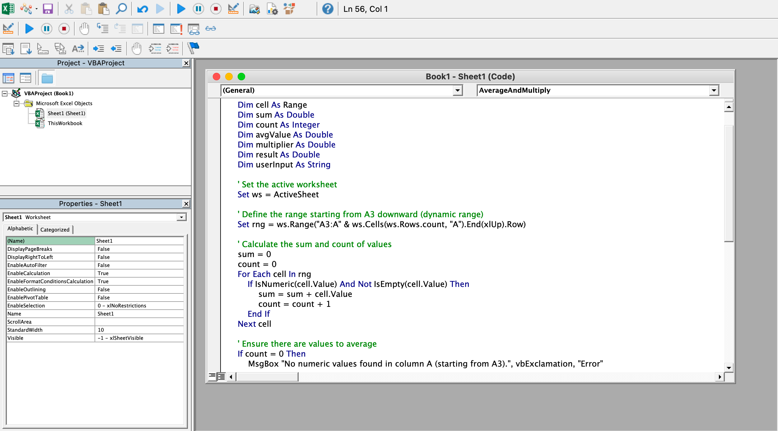 The Visual Basic Editor in Microft Excel.