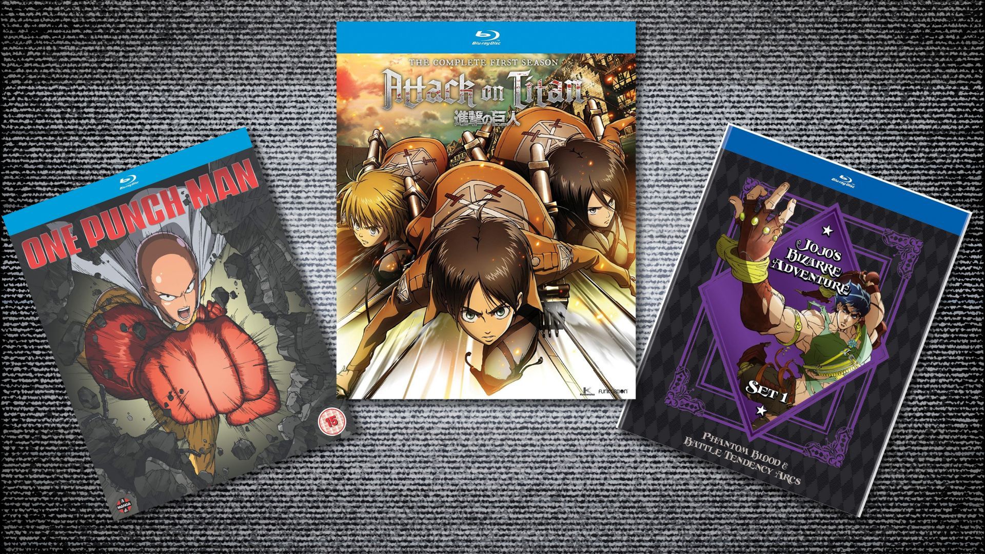 Tres cubiertas de Blu-ray de anime en un fondo estático de TV.