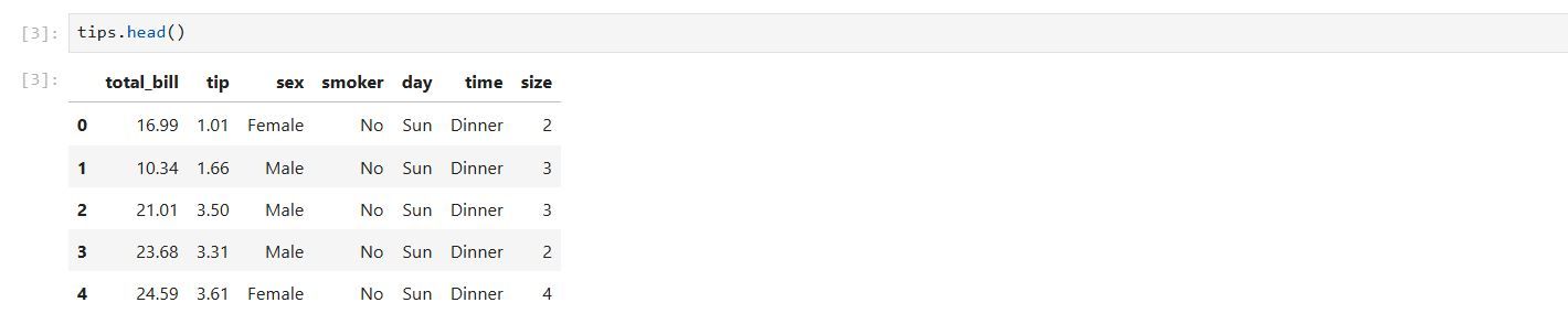 tips.head() output in a Jupyter notebook.