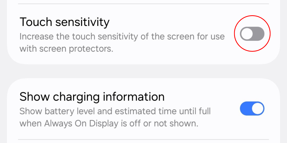 Screenshot of the touch sensitivity option in the Display settings menu on the Galaxy S25.