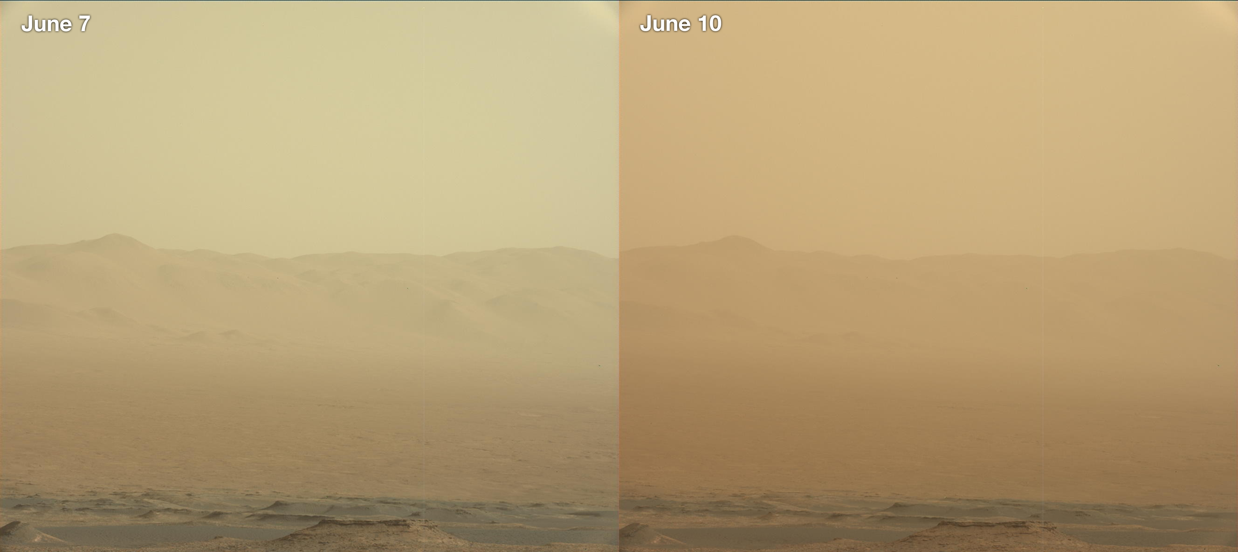 Two photographs of Mars taken by Curiosity showing the extent of the dust storms on the planet's surface.