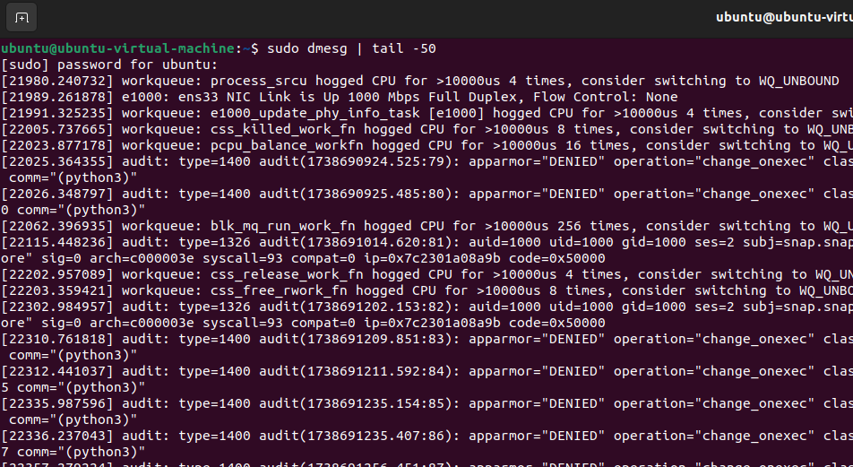 Ubuntu terminal output showing sudo dmesg | tail -50 command results. 