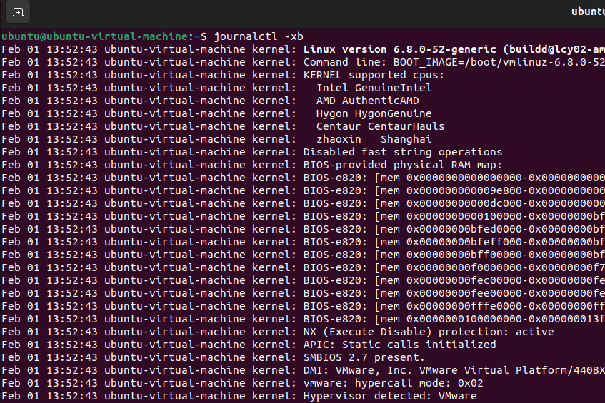 Ubuntu Terminal output showing kernel boot messages from journalctl -xb.