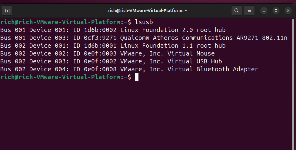 Ubuntu terminal showing USB device list from 'lsusb' command.