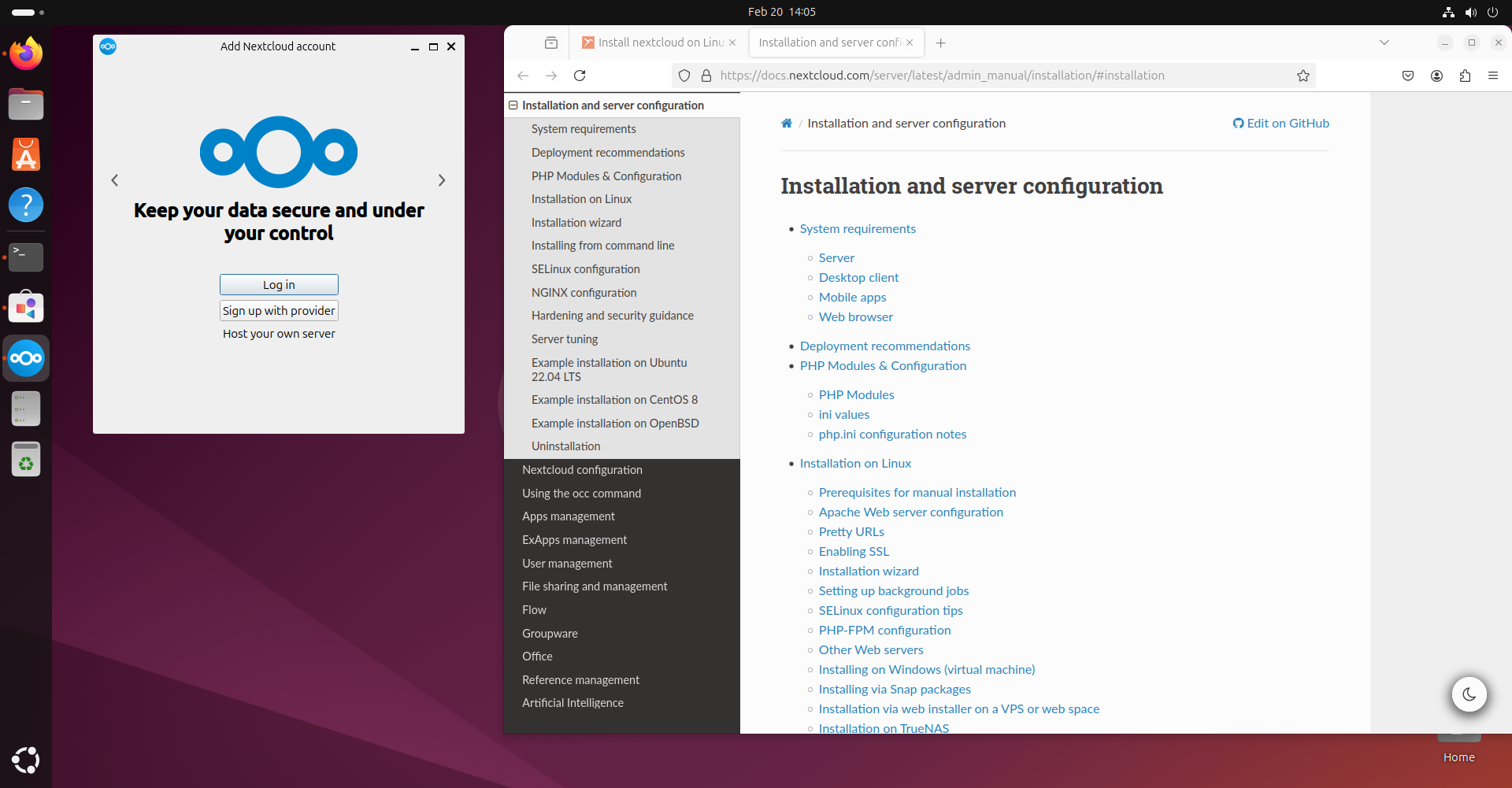 Ubuntu desktop showing the Nextcloud client and documentation.