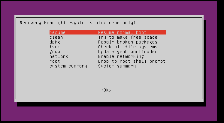 Ubuntu recovery menu showing various system repair options.