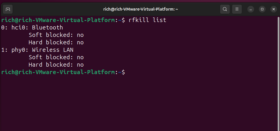 The result of running rfkill list in an Ubuntu terminal.