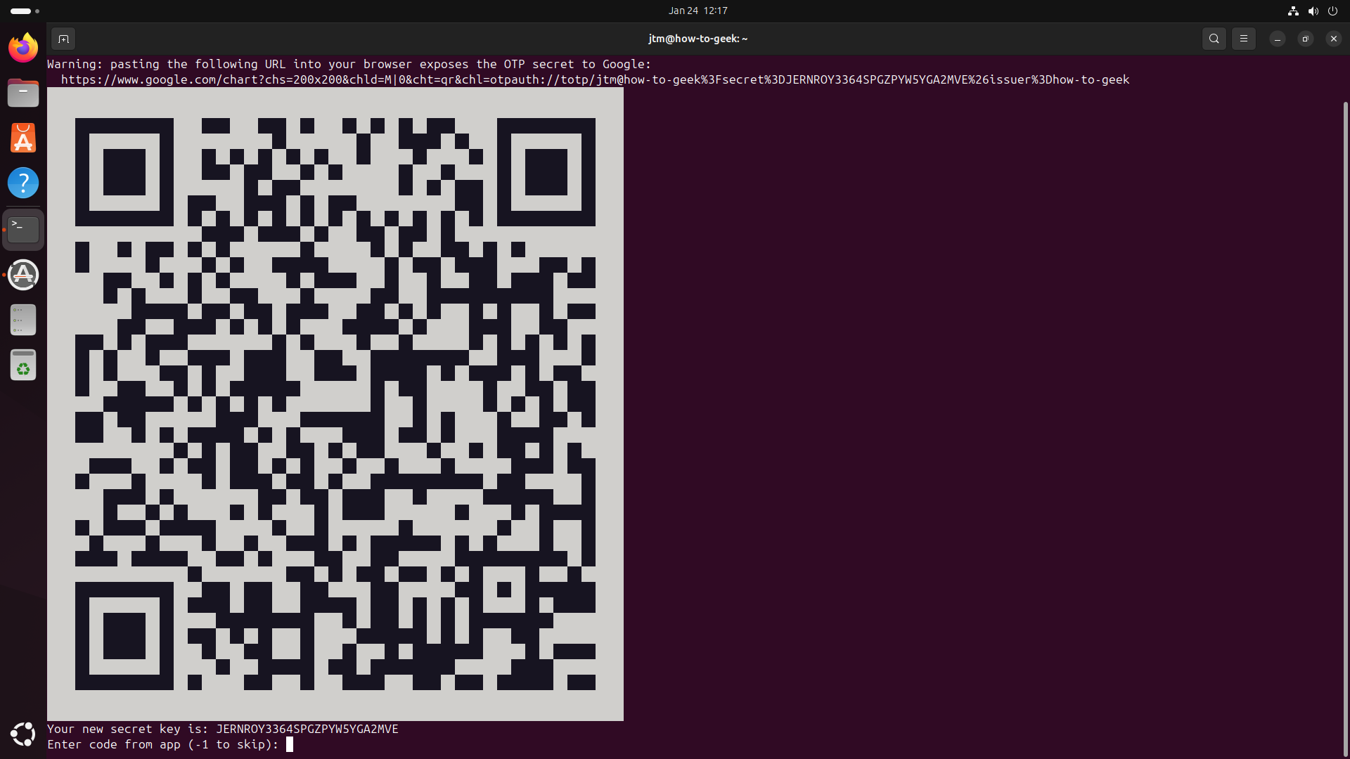 Ubuntu terminal showing Google Authenticator QR code for setting up 2FA.